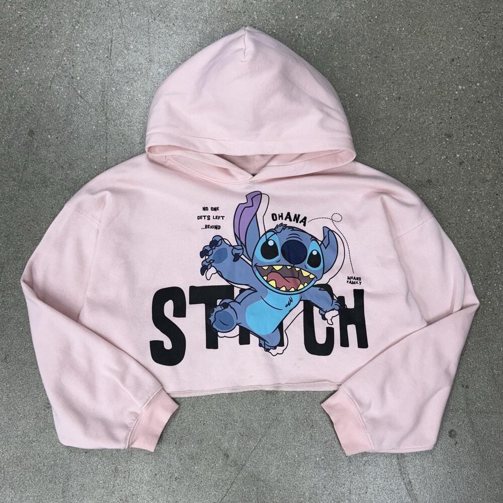 Lilo And Stitch Cropped Hoodie Pink 2XL Ohana Means Family Pullover Comfy Disney
